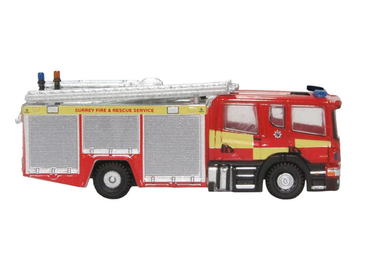 Scania Pump Ladder Fire Engine "Surrey Fire and Rescue" Red with Yellow Stripes 1/148 (N) Scale Diecast Model Car by Oxford Diecast-0
