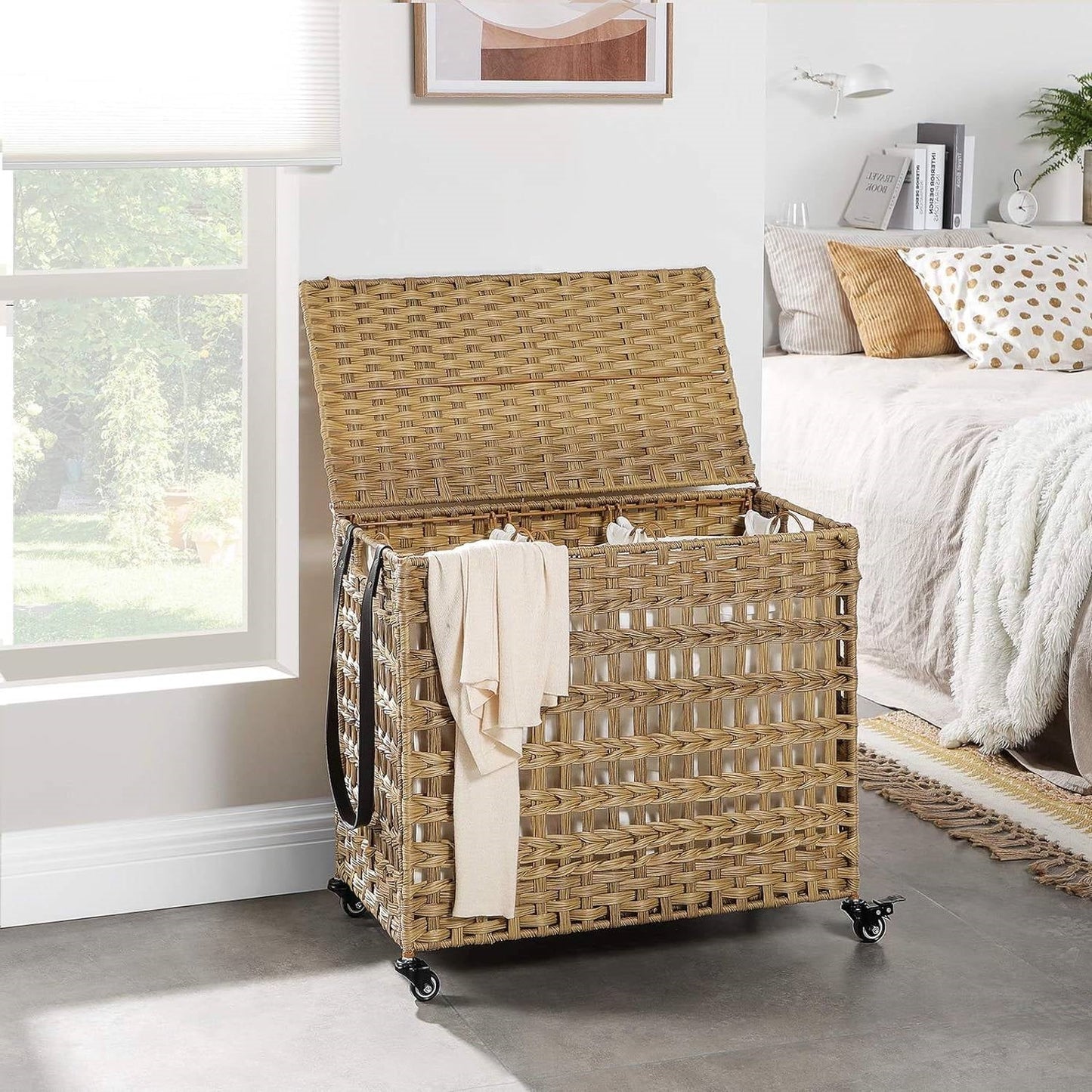 Tan PP Rattan 3-Basket Laundry Hamper Sorter Cart with Removable Cotton Bags FastFurnishings