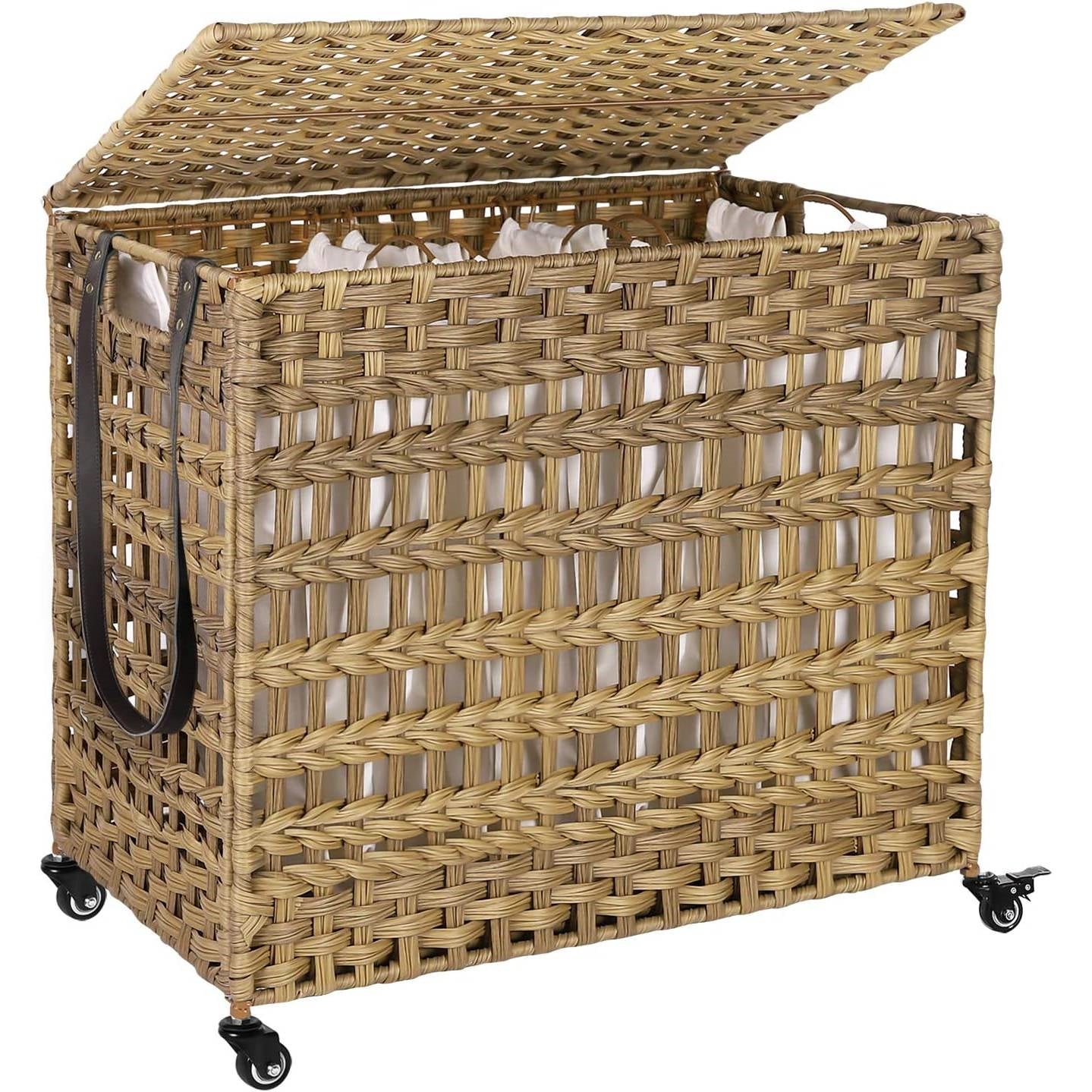 Tan PP Rattan 3-Basket Laundry Hamper Sorter Cart with Removable Cotton Bags FastFurnishings