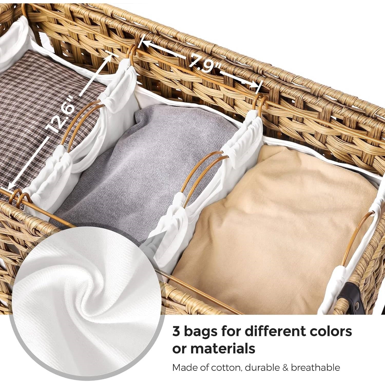 Tan PP Rattan 3-Basket Laundry Hamper Sorter Cart with Removable Cotton Bags FastFurnishings