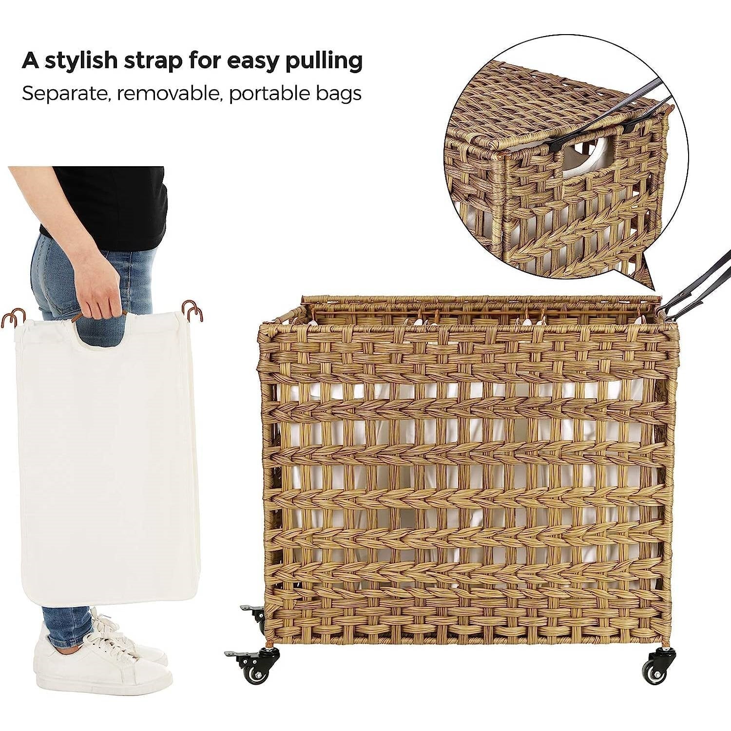 Tan PP Rattan 3-Basket Laundry Hamper Sorter Cart with Removable Cotton Bags FastFurnishings