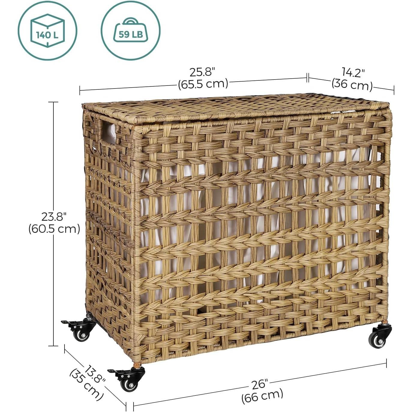 Tan PP Rattan 3-Basket Laundry Hamper Sorter Cart with Removable Cotton Bags FastFurnishings