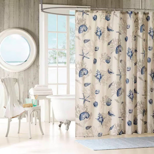 72-in Khaki Beige Cotton Shower Curtain Navy Blue Seashells Coral Coastal Beach FastFurnishings