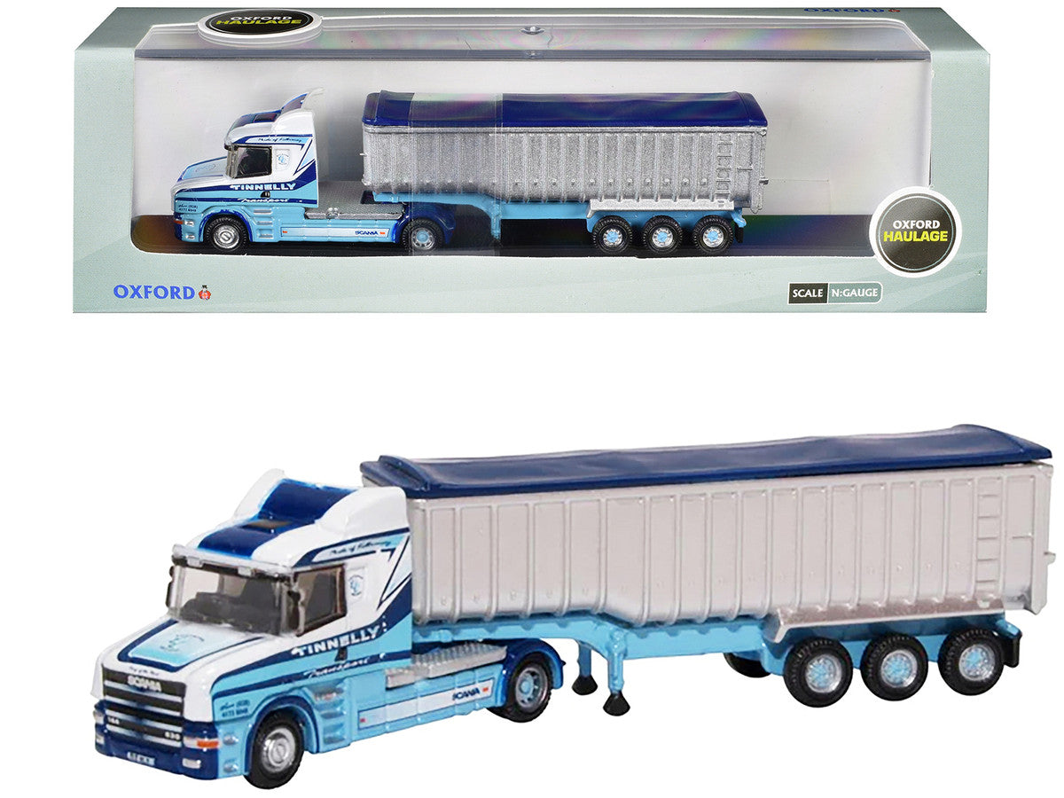 Scania T-Cab Truck RHD (Right Hand Drive) with Covered Dump Trailer "Tinnelly" White with Blue Graphics 1/148 (N) Scale Diecast Model Car by Oxford Diecast Oxford Diecast
