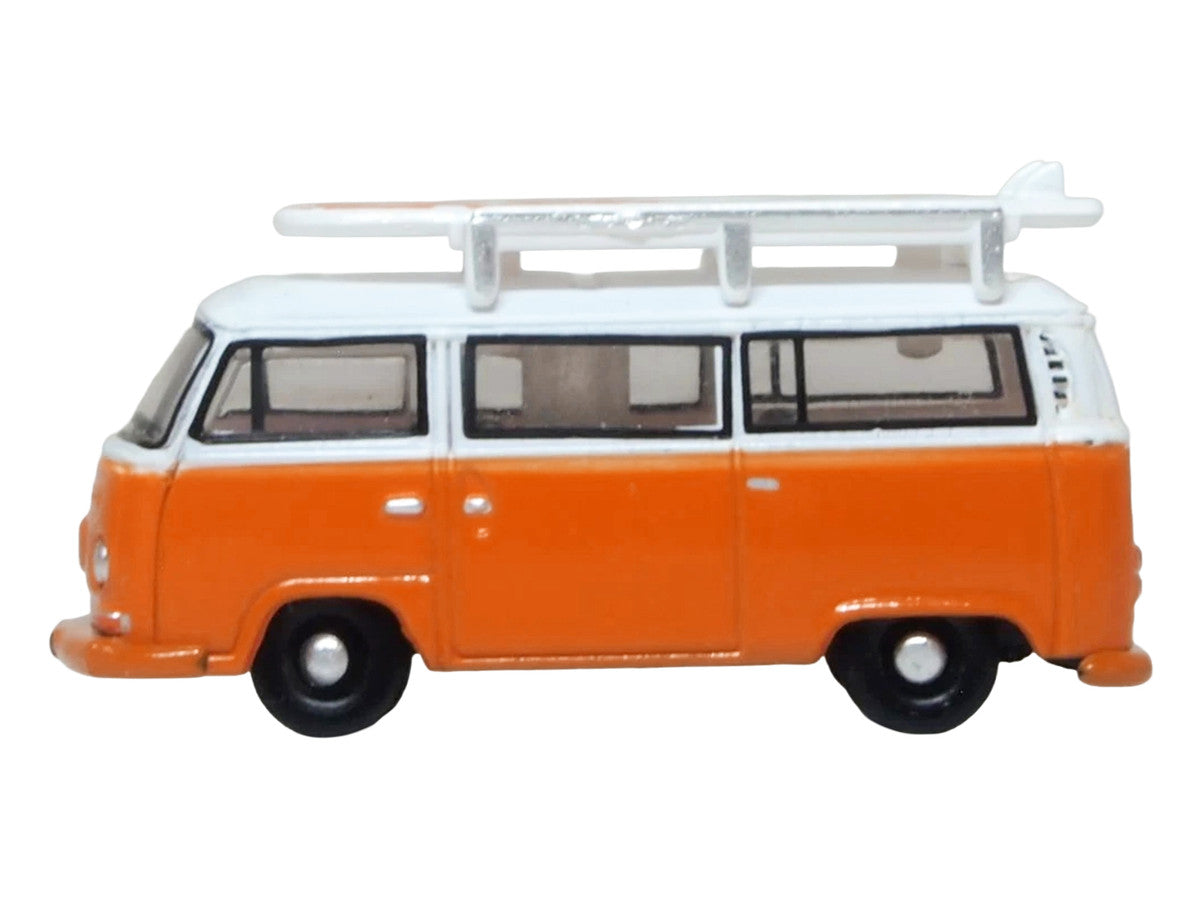 Volkswagen T2 Bay Window Bus Signal Orange with White Top and Surfboards on Roof Rack 1/148 (N) Scale Diecast Model Car by Oxford Diecast Oxford Diecast