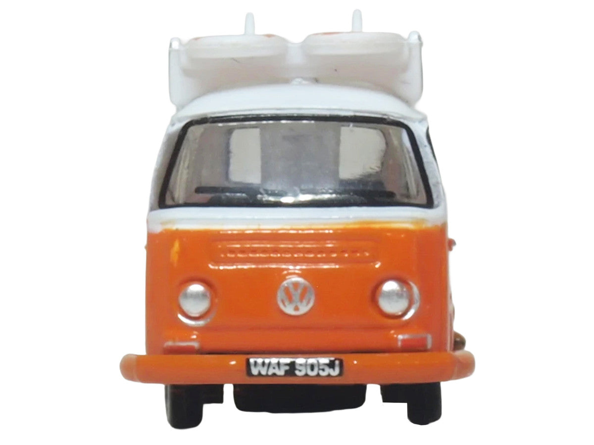 Volkswagen T2 Bay Window Bus Signal Orange with White Top and Surfboards on Roof Rack 1/148 (N) Scale Diecast Model Car by Oxford Diecast Oxford Diecast