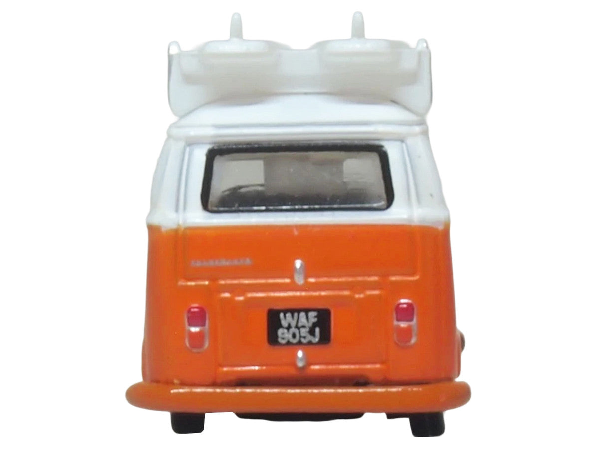 Volkswagen T2 Bay Window Bus Signal Orange with White Top and Surfboards on Roof Rack 1/148 (N) Scale Diecast Model Car by Oxford Diecast Oxford Diecast