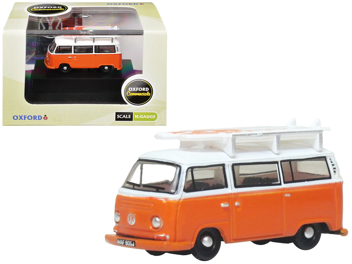 Volkswagen T2 Bay Window Bus Signal Orange with White Top and Surfboards on Roof Rack 1/148 (N) Scale Diecast Model Car by Oxford Diecast Oxford Diecast