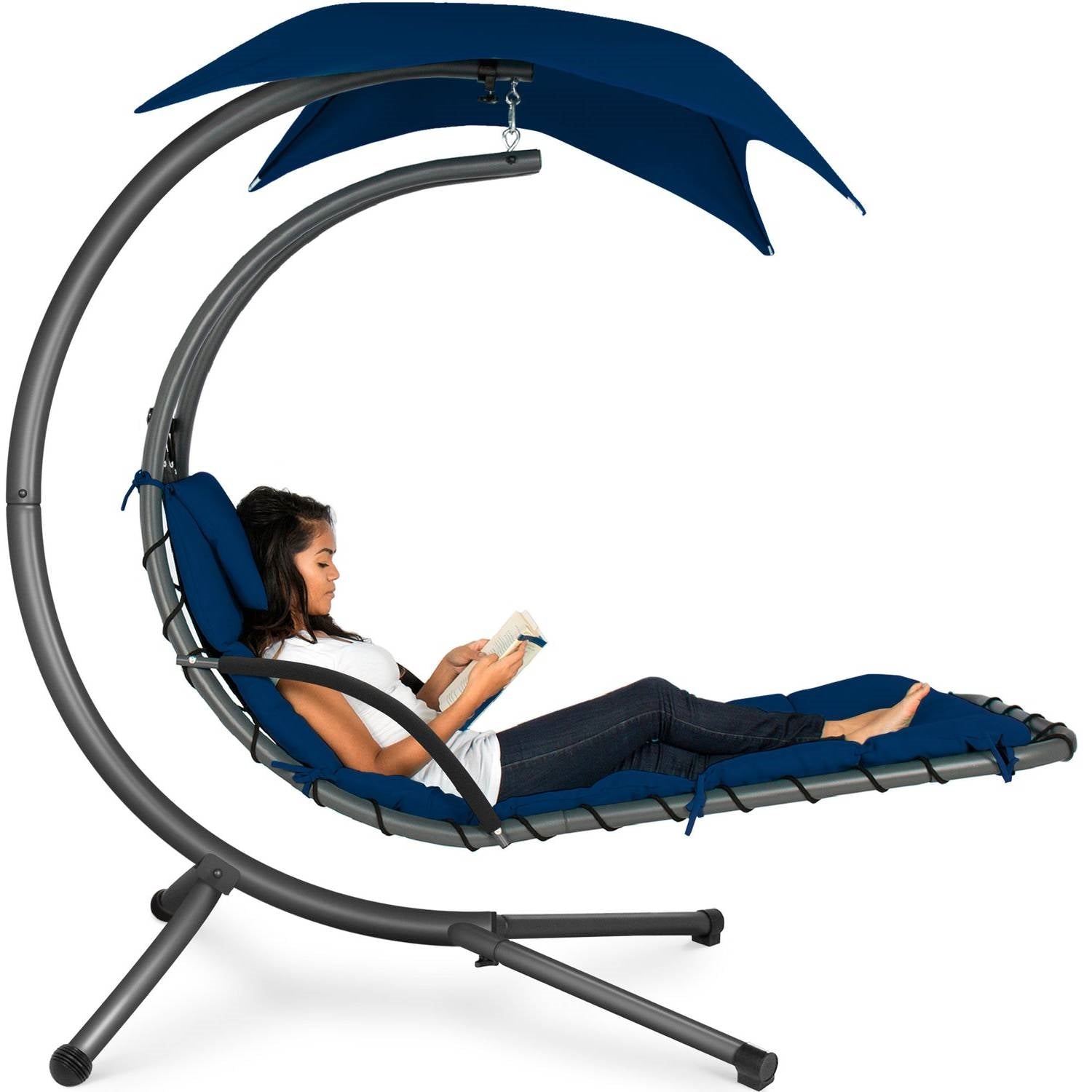 Navy Blue Single Person Sturdy Modern Chaise Lounger Hammock Chair Porch Swing FastFurnishings