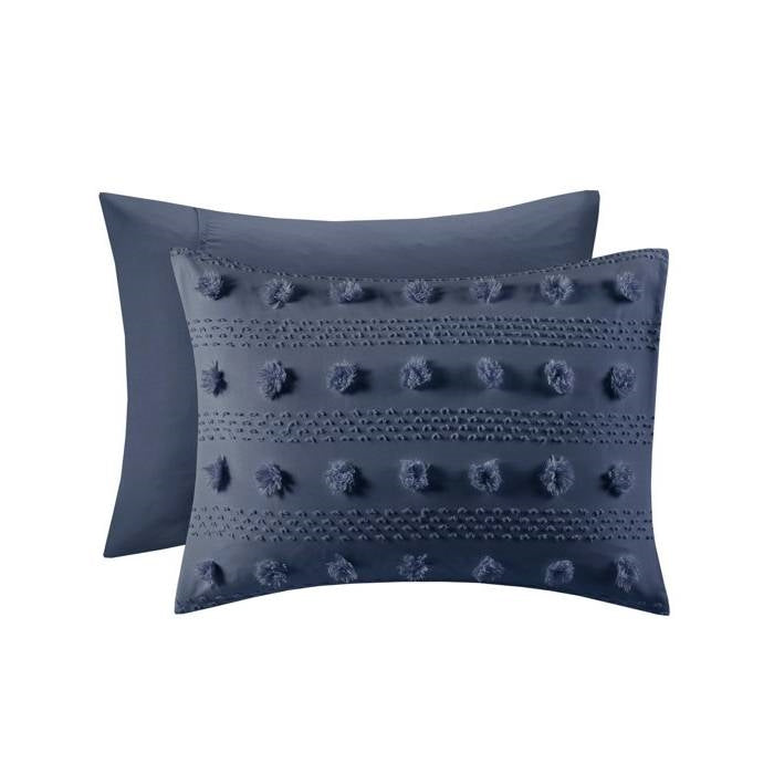 Full/Queen 3 Piece Navy Pompom Microfiber Hypoallergenic Comforter Set-3