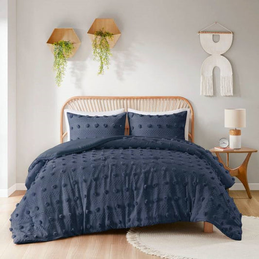 King/Cal King 3 Piece Navy Pompom Microfiber Hypoallergenic Comforter Set-0