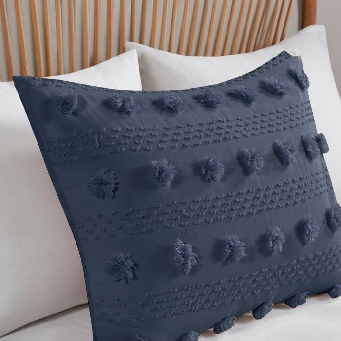 King/Cal King 3 Piece Navy Pompom Microfiber Hypoallergenic Comforter Set-2