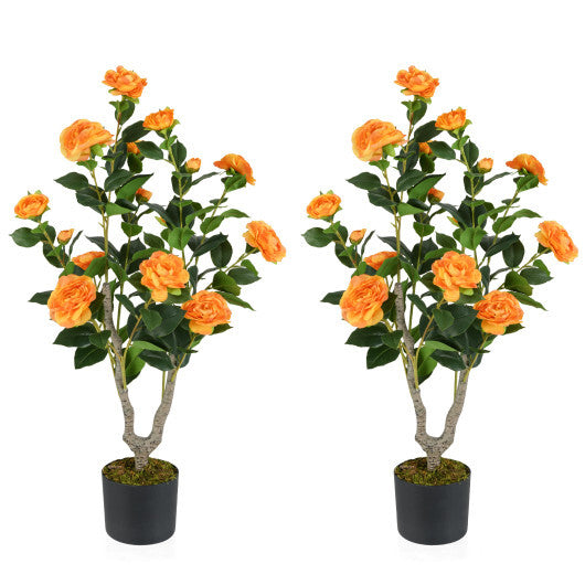 Costway 36 Inch Artificial Camellia Tree with Blooming Flower 2 Pack-Orange W2B