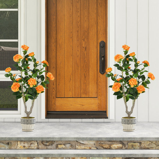 Costway 36 Inch Artificial Camellia Tree with Blooming Flower 2 Pack-Orange W2B