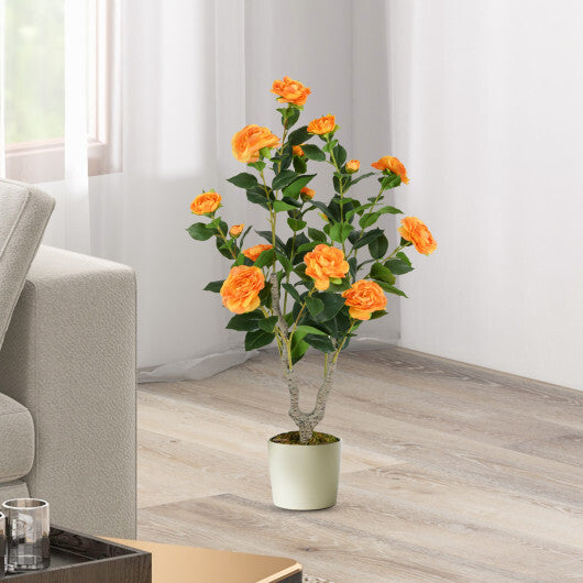 Costway 36 Inch Artificial Camellia Tree with Blooming Flower 2 Pack-Orange W2B