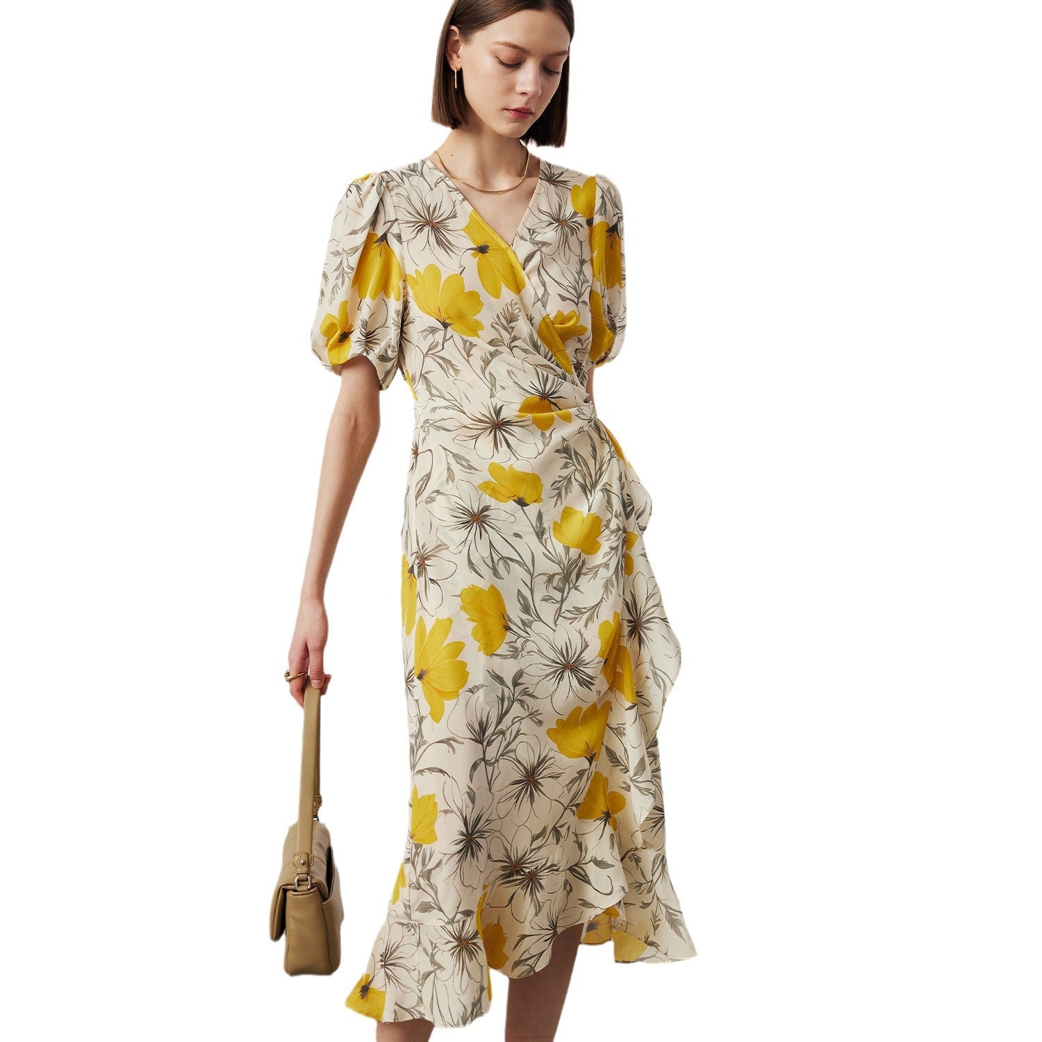 Women's Stomach Blanket-style Lace Printing Short-sleeved Silk Dress LadyShow.Store