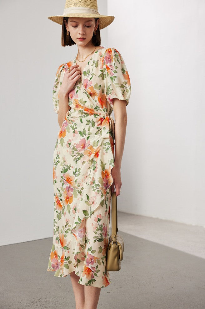 Women's Stomach Blanket-style Lace Printing Short-sleeved Silk Dress LadyShow.Store