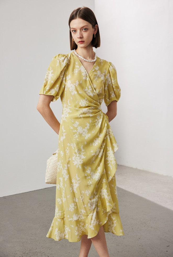 Women's Stomach Blanket-style Lace Printing Short-sleeved Silk Dress LadyShow.Store