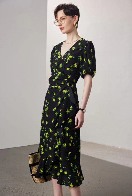 Women's Stomach Blanket-style Lace Printing Short-sleeved Silk Dress LadyShow.Store