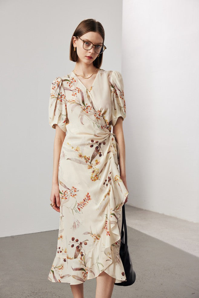 Women's Stomach Blanket-style Lace Printing Short-sleeved Silk Dress LadyShow.Store