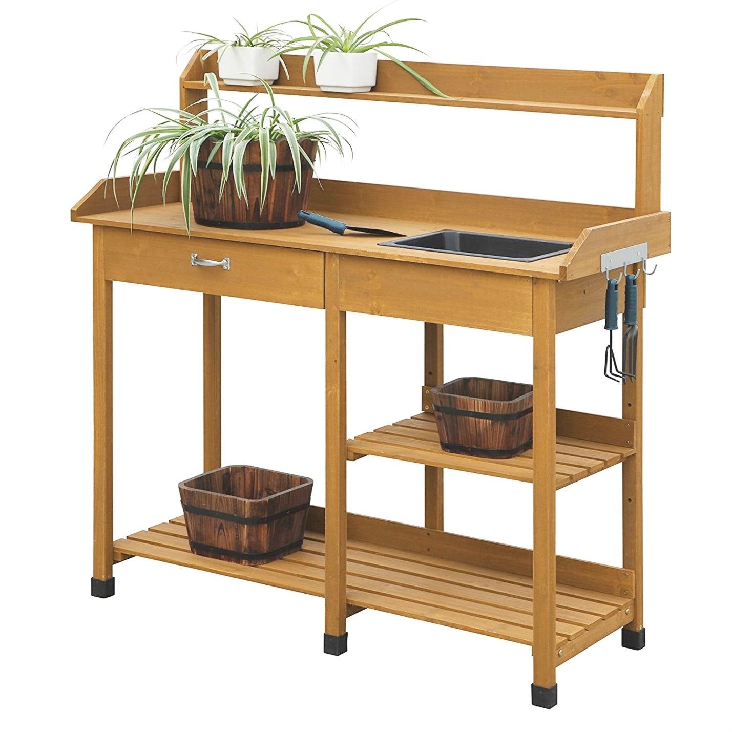 Outdoor Garden Wood Potting Bench Work Table with Sink in Light Oak Finish FastFurnishings