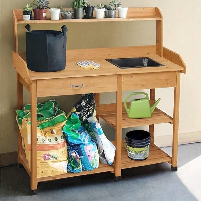 Outdoor Garden Wood Potting Bench Work Table with Sink in Light Oak Finish FastFurnishings
