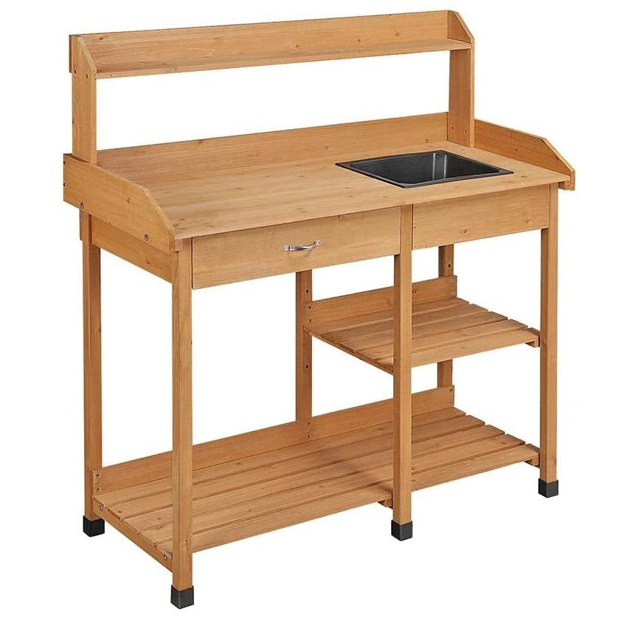 Outdoor Garden Wood Potting Bench Work Table with Sink in Light Oak Finish FastFurnishings