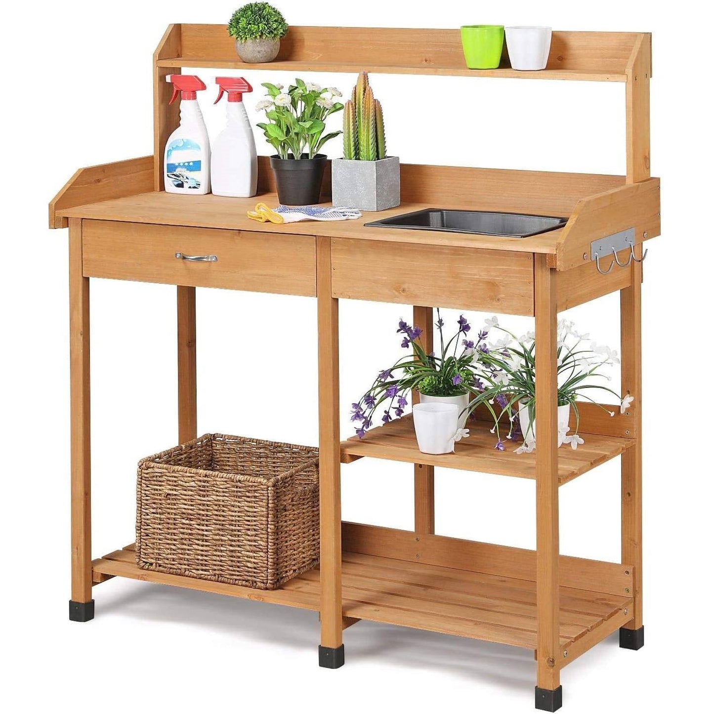 Outdoor Garden Wood Potting Bench Work Table with Sink in Light Oak Finish FastFurnishings