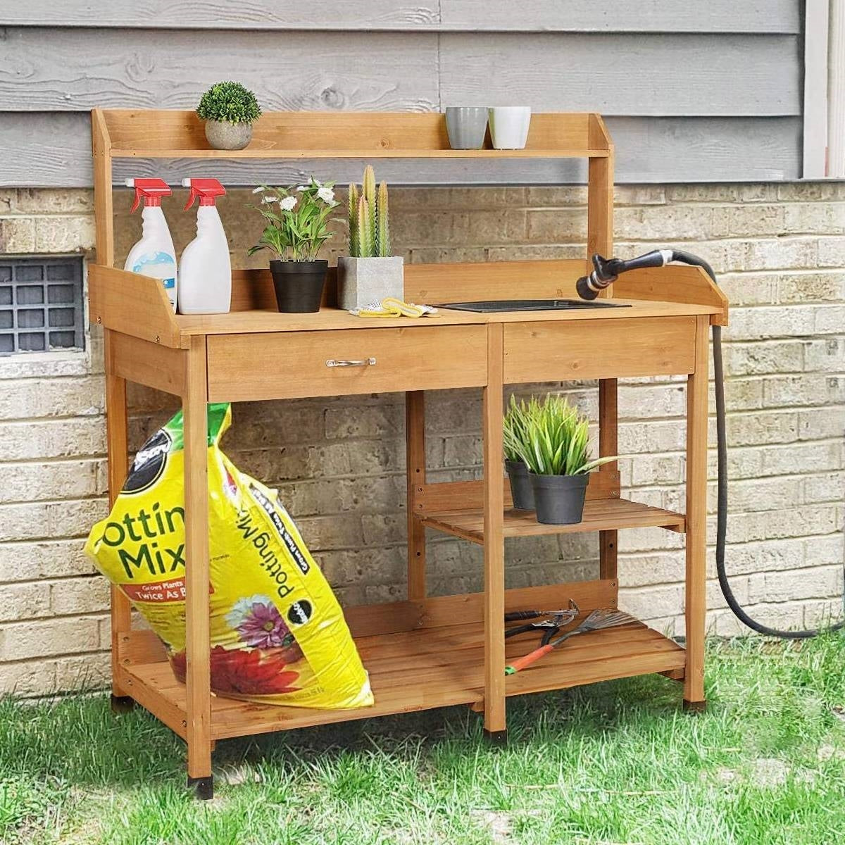 Outdoor Garden Wood Potting Bench Work Table with Sink in Light Oak Finish FastFurnishings