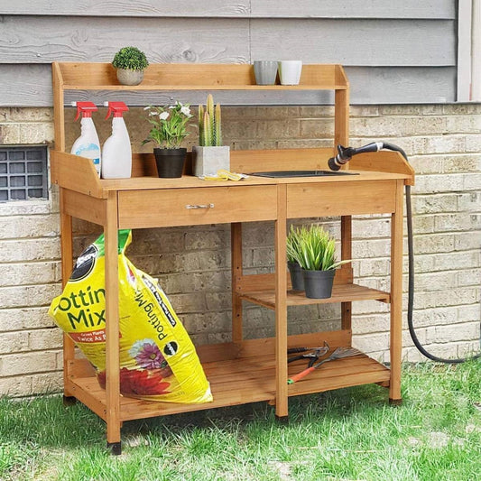 Outdoor Garden Wood Potting Bench Work Table with Sink in Light Oak Finish FastFurnishings