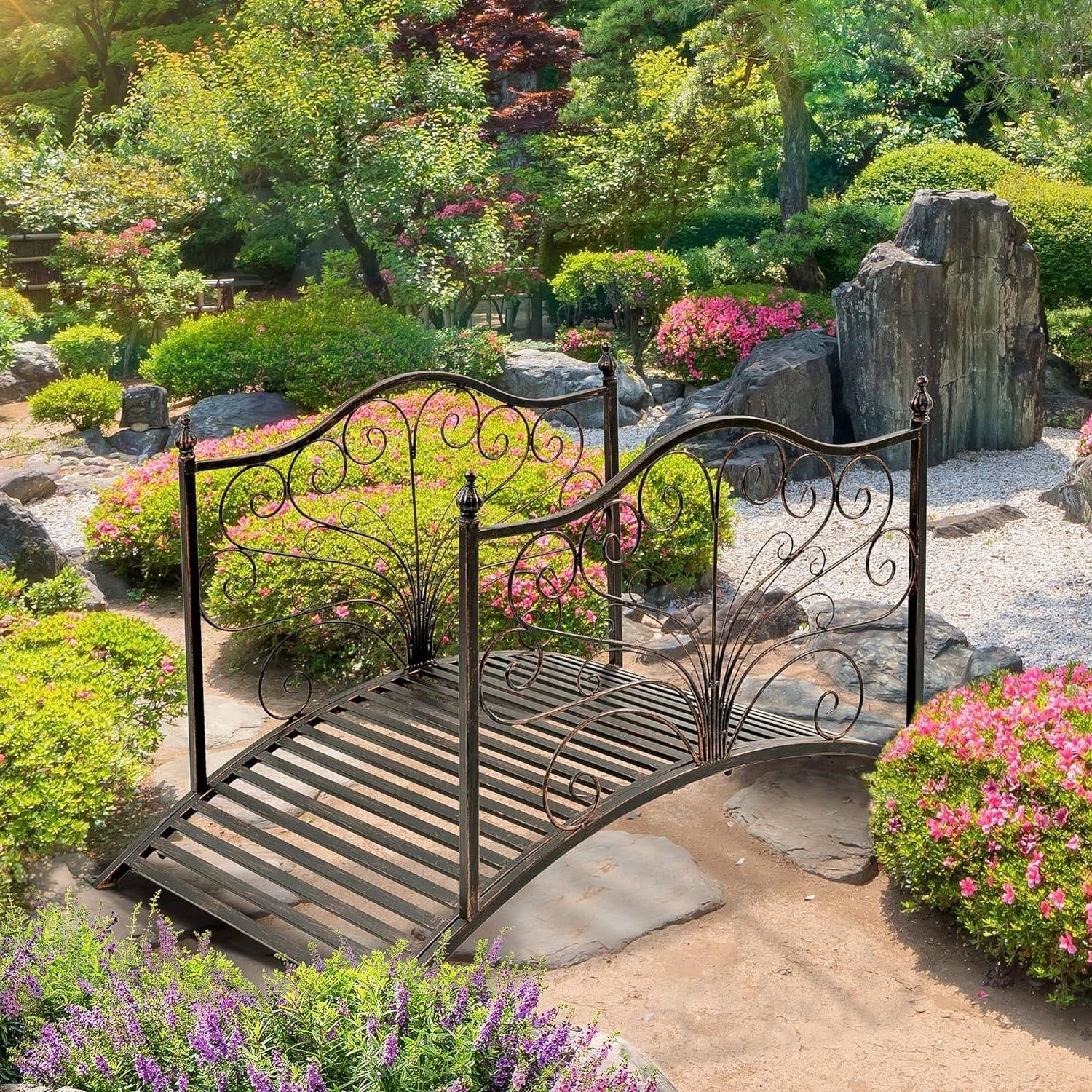 Outdoor 4-ft Heavy Duty Metal Garden Bridge in Black Bronze Finish FastFurnishings