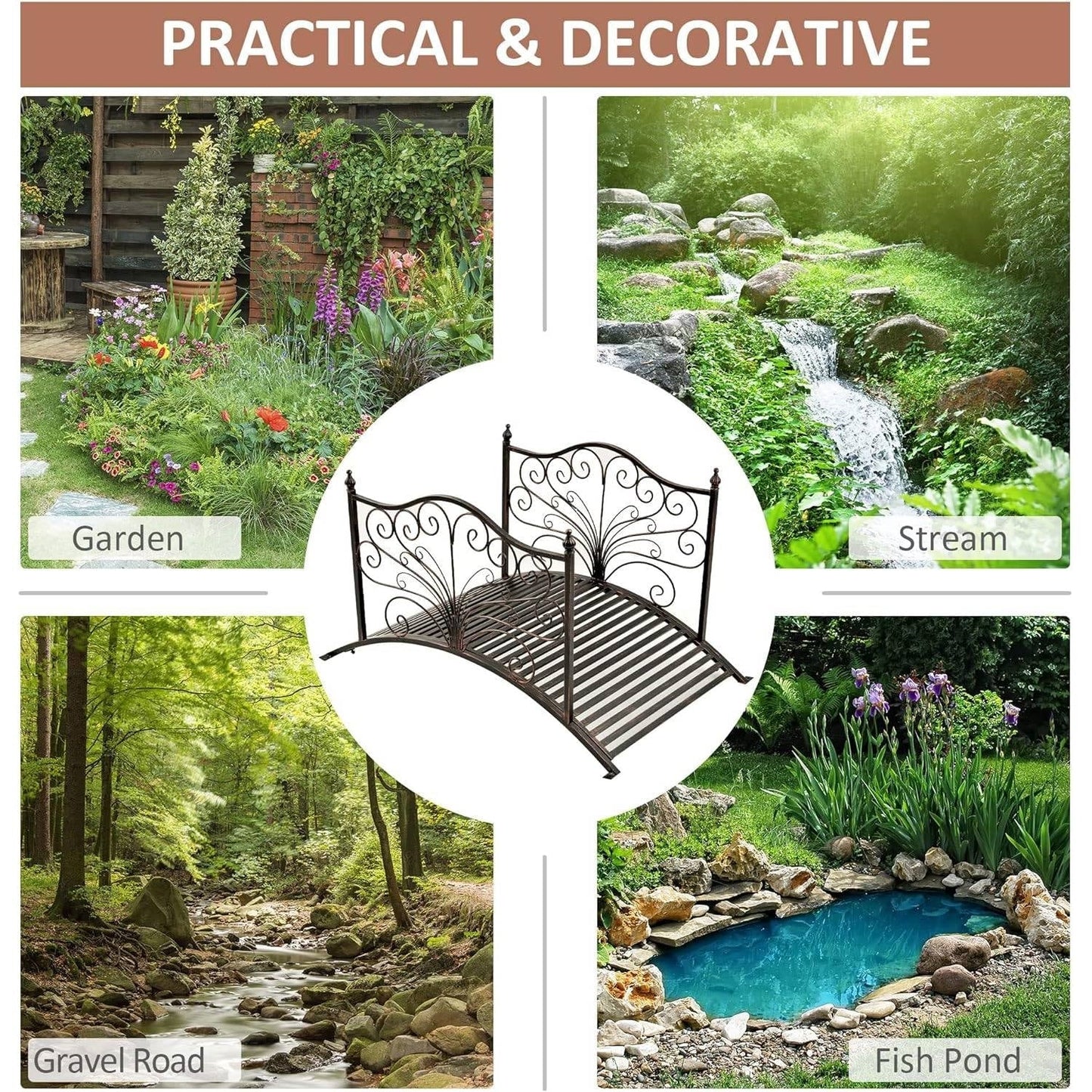 Outdoor 4-ft Heavy Duty Metal Garden Bridge in Black Bronze Finish FastFurnishings