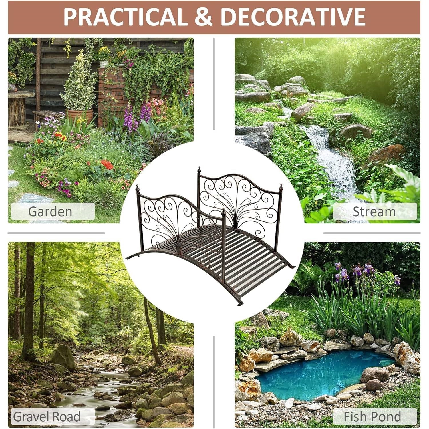 Outdoor 4-ft Heavy Duty Metal Garden Bridge in Black Bronze Finish FastFurnishings