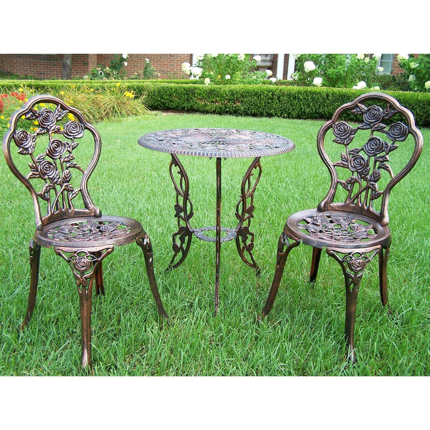 3-Piece Outdoor Bistro Set with Rose Design in Antique Bronze Finish FastFurnishings