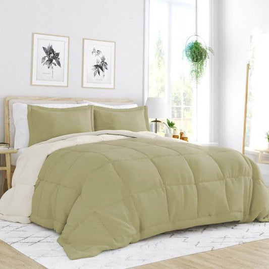 Full/Queen 3-Piece Microfiber Reversible Comforter Set in Sage Green/Cream FastFurnishings