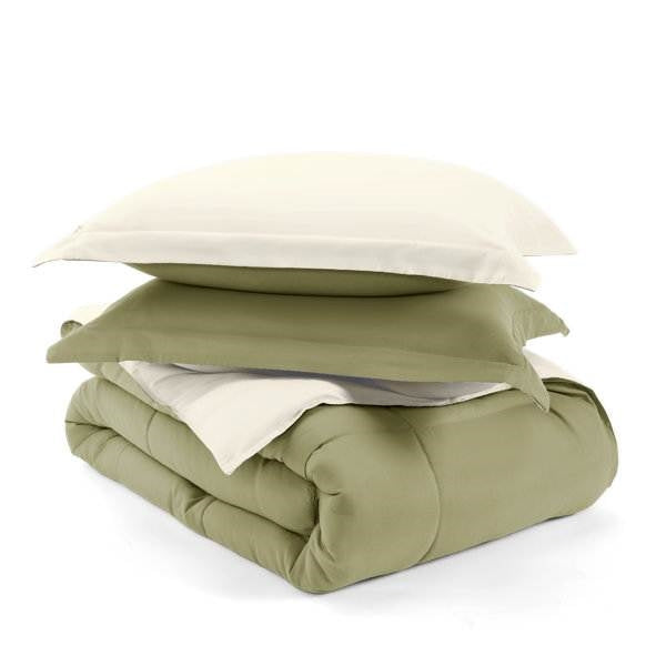Full/Queen 3-Piece Microfiber Reversible Comforter Set in Sage Green/Cream FastFurnishings
