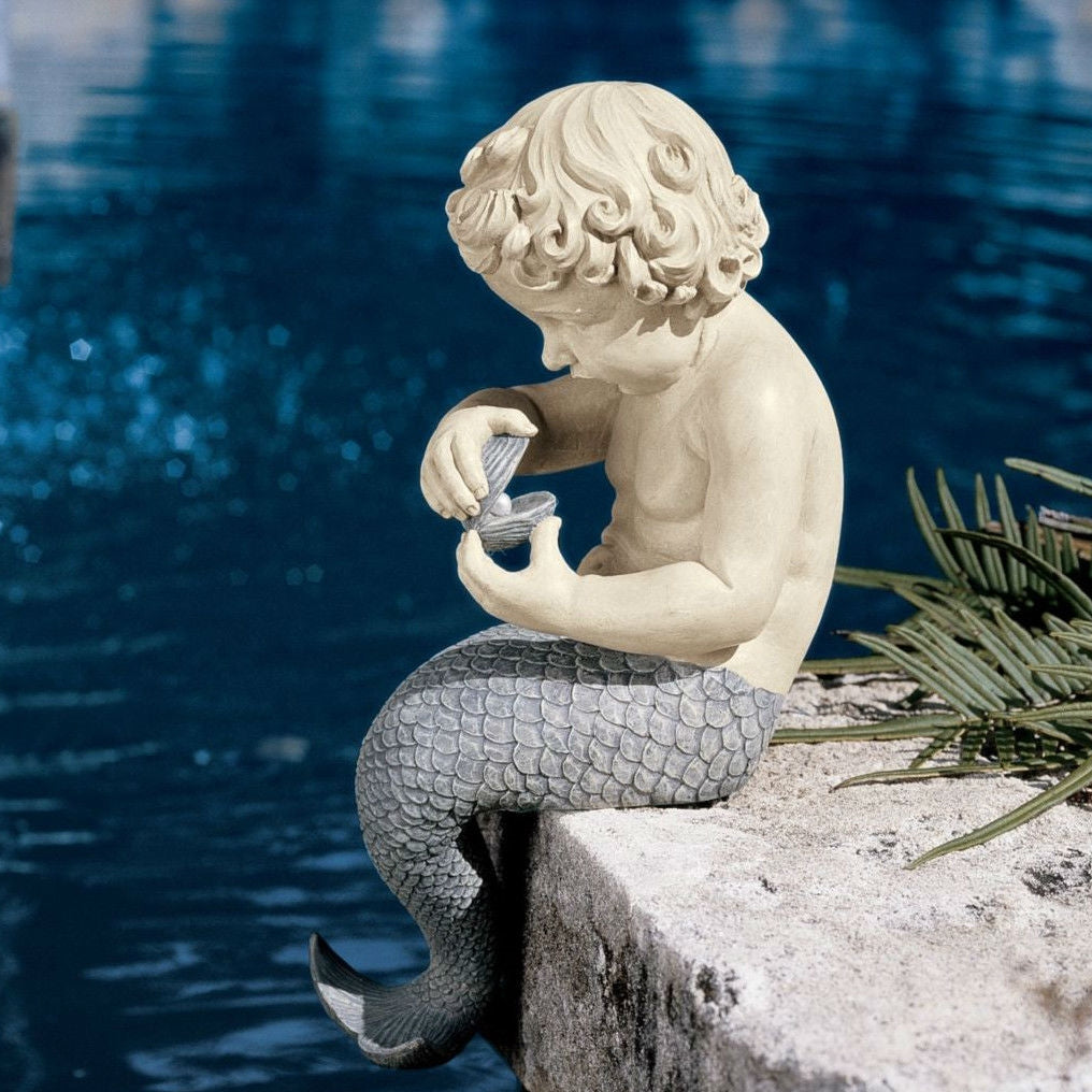 Young Little Sitting Mermaid Garden Statue with Oyster and Pearl FastFurnishings