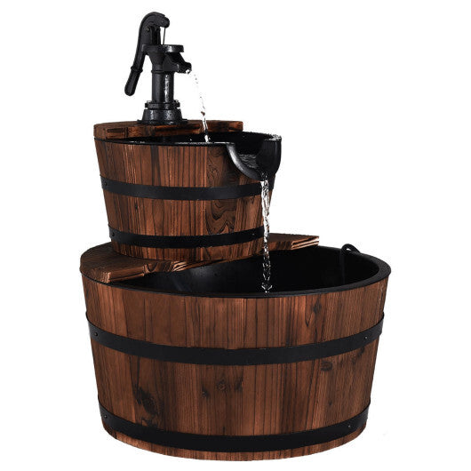 2-Tiers Outdoor Wooden Barrel Waterfall Fountain with Pump W2B