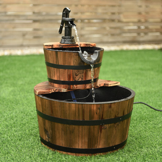 2-Tiers Outdoor Wooden Barrel Waterfall Fountain with Pump W2B