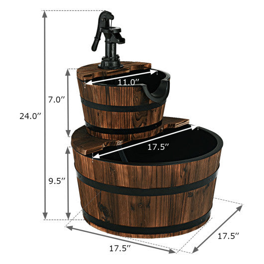 2-Tiers Outdoor Wooden Barrel Waterfall Fountain with Pump W2B