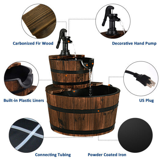 2-Tiers Outdoor Wooden Barrel Waterfall Fountain with Pump W2B