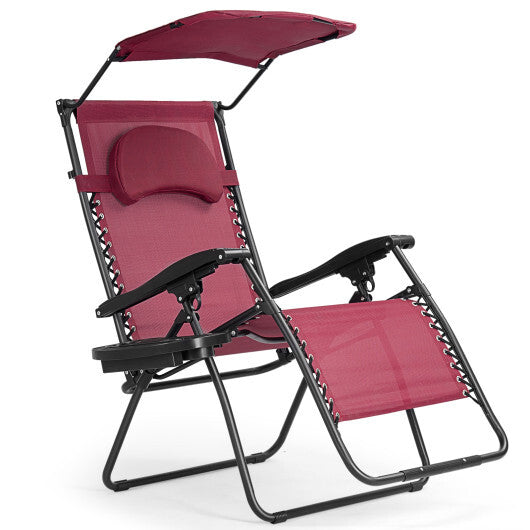 Folding Recliner Lounge Chair with Shade Canopy Cup Holder-Dark Red W2B