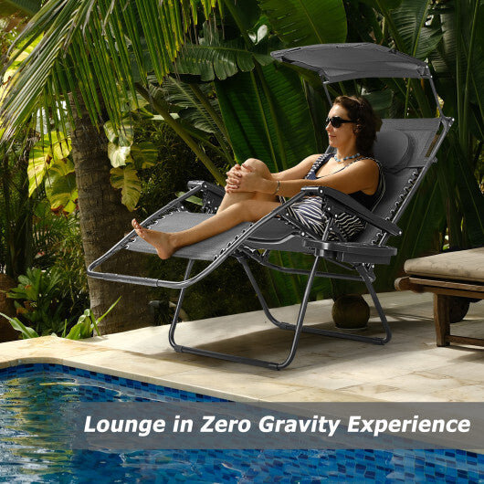 Folding Recliner Lounge Chair with Shade Canopy Cup Holder-Dark Red W2B
