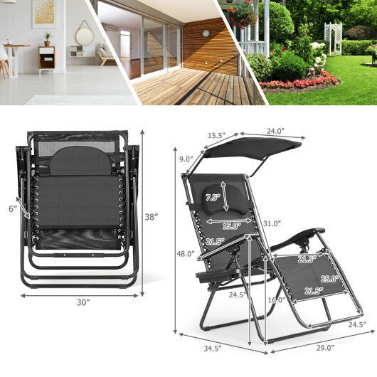 Folding Recliner Lounge Chair with Shade Canopy Cup Holder-Dark Red W2B
