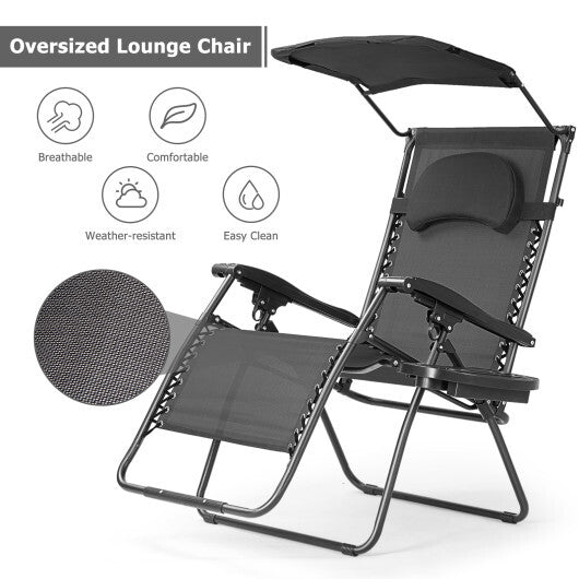 Folding Recliner Lounge Chair with Shade Canopy Cup Holder-Dark Red W2B