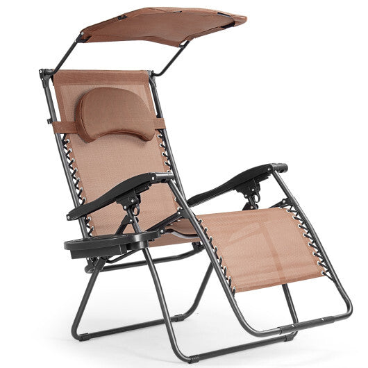 Folding Recliner Lounge Chair with Shade Canopy Cup Holder-Dark Red W2B