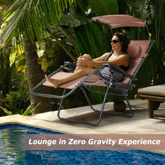 Folding Recliner Lounge Chair with Shade Canopy Cup Holder-Dark Red W2B