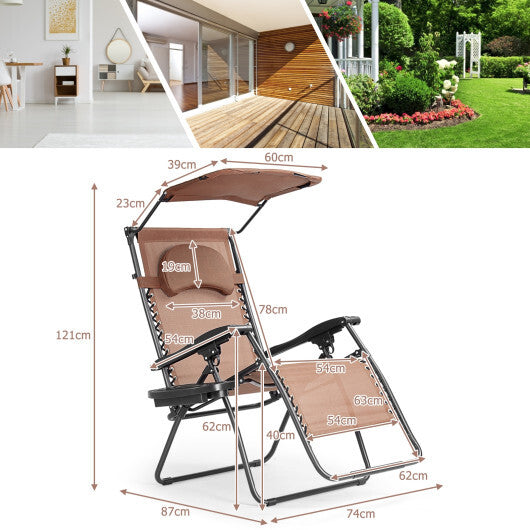 Folding Recliner Lounge Chair with Shade Canopy Cup Holder-Dark Red W2B