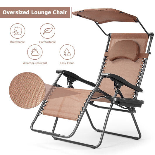 Folding Recliner Lounge Chair with Shade Canopy Cup Holder-Dark Red W2B
