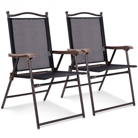 Set of 2 Patio Folding Sling Back Camping Deck Chairs-Black